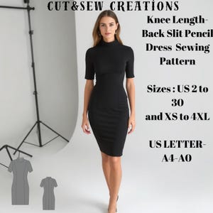Knee Length-Back Slit Pencil Dress/Available in US Sizes 2-30 (XS-4XL), compatible with A0/A4/US Letter paper formats.