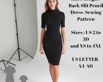 Vestido tubo con abertura en la espalda y largo hasta la rodilla. Disponible en tallas de EE. UU. 2 a 30 (XS a 4XL). Compatible con formatos de papel A0, A4 y carta de EE. UU.