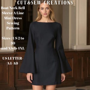 Peut inclure: Patron de couture pour une robe noire mini avec un col bateau, des manches bouffantes et une silhouette trapèze. Le patron est disponible en tailles françaises 34 à 48 et XS à 4XL. Le patron est imprimé sur du papier au format A4-A0.