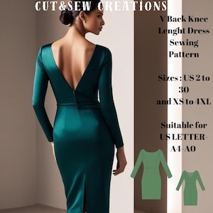 V Back Knee Lenght with Back Slit Dress Sewing Pattern,Sizes ;US 2 to 30 and XS to 4XL,Suitable A0- A4-US Letter
