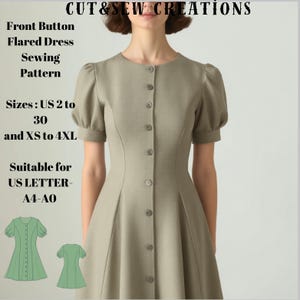 以下が含まれることがあります： フロントボタンのフレアワンピースの縫製パターン。パターンは、USサイズ2〜30、XS〜4XLに適しています。パターンは、A4とA0の用紙サイズに適しています。