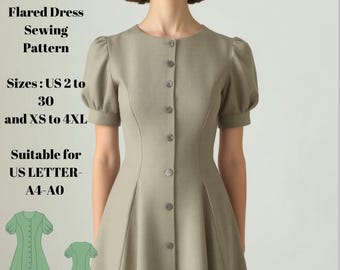 May include: A sewing pattern for a front button flared dress. The pattern is suitable for sizes US 2 to 30 and XS to 4XL. The pattern is suitable for US Letter, A4, and A0 paper sizes.