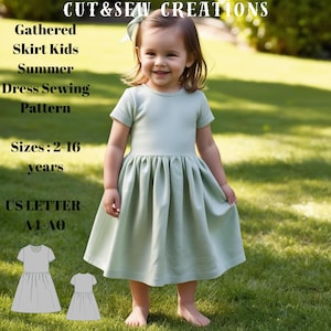 May include: A girl wearing a light green gathered skirt dress. The dress has short sleeves and a round neckline. The dress is made for kids and is available in sizes 2-16 years. The image includes the text "CUT&SEW CREATIONS", "Gathered Skirt Kids Summer Dress Sewing Pattern", "Sizes: 2-16 years", and "US LETTER- A4-A0".
