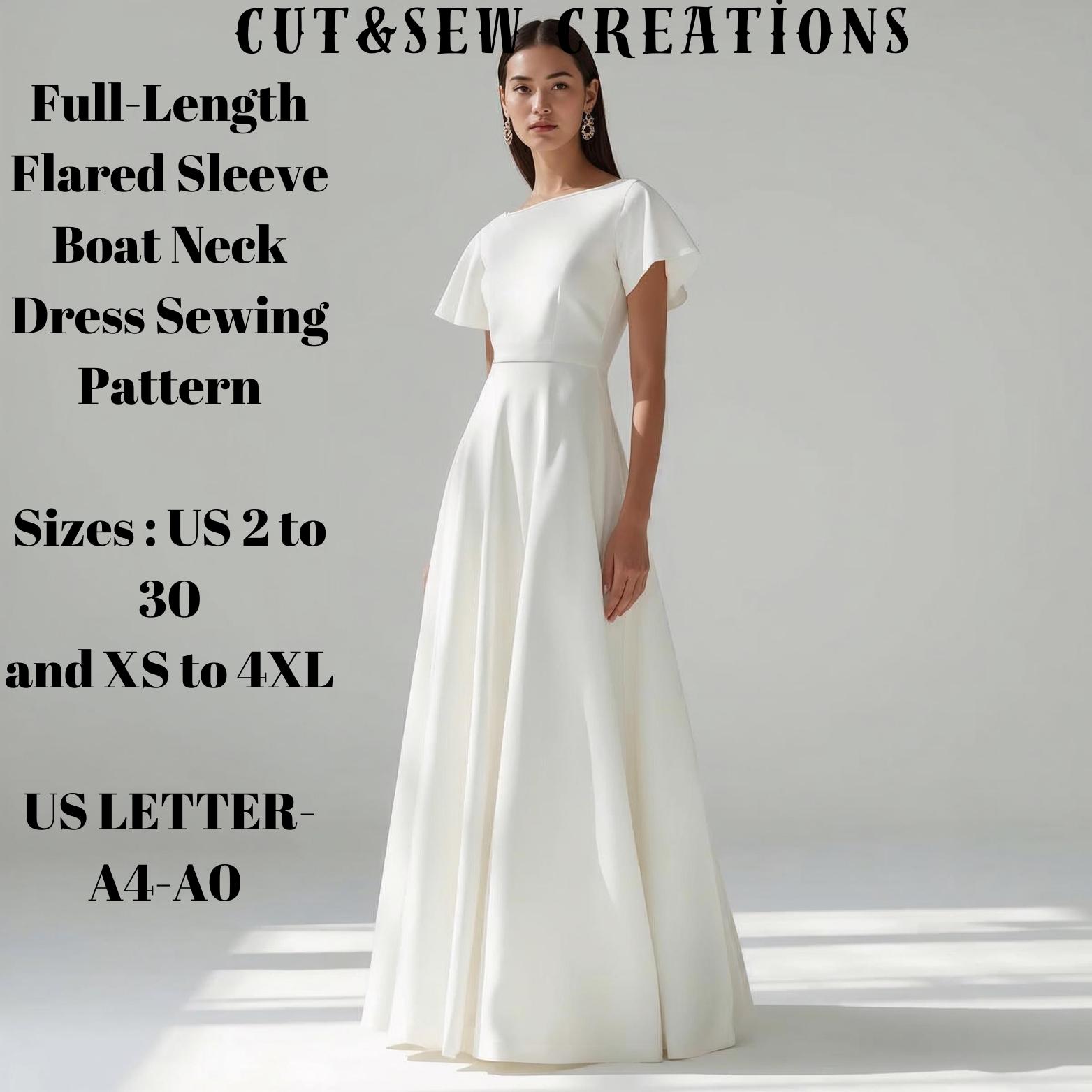 Full-length Flared Sleeve Boat Neck Dress Sewing Pattern - Etsy