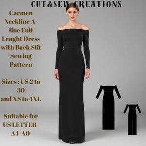 Patrón de costura para vestido largo con escote Carmen, corte A y abertura en la espalda, tallas: EE. UU. 2 a 30 y XS a 4XL, adecuado para tallas A0, A4 y tallas Carta de EE. UU.