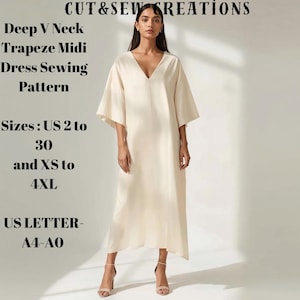 May include: A cream-colored midi dress with a deep V-neck and wide sleeves. The image includes text that reads "Deep V Neck Trapeze Midi Dress Sewing Pattern" and size options from US 2 to 30 and XS to 4XL. The pattern is US LETTER-A4-A0.