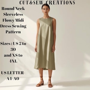 May include: A woman wearing a sleeveless, olive green midi dress. The dress has a round neck and a flowy design. Text on the left side reads "Round Neck Sleeveless Flowy Midi Dress Sewing Pattern" and size options from US 2 to 30 and XS to 4XL.