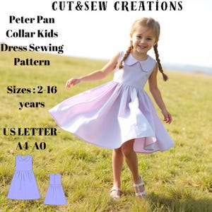 Patrón de costura de vestido de cuello Peter Pan para niños, tallas: 2 a 16 años, adecuado para tallas A0, A4 y carta de EE. UU.