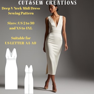 深い V ネックのミディドレスの縫製パターン、サイズ: US 2 から 30、XS から 4XL、A0- A4-US レターに適合