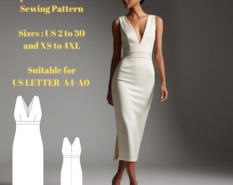 Deep V Neck Midi Dress Sewing Pattern,Sizes ;US 2 to 30 and XS to 4XL,Suitable A0- A4-US Letter