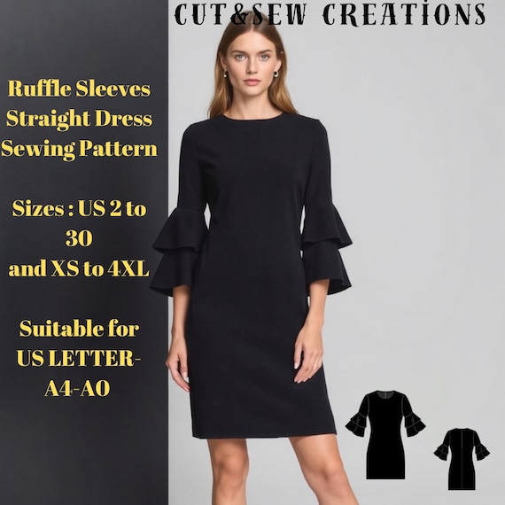 formal dresses 6 letters Ruffle Sleeves Straight Dress Sewing Pattern,Sizes ;US 2 to 30 and XS to 4XL,Suitable A0- A4-US Letter wrap front maxi dress