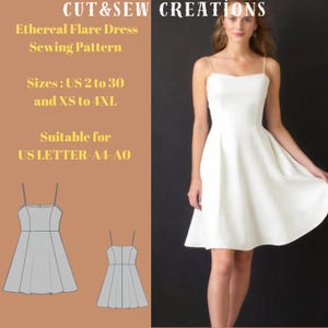 Patrón de costura de vestido acampanado, tallas: EE. UU. 2 a 30 y XS a 4XL, adecuado para tallas A0, A4 y Carta de EE. UU.