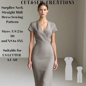 サープリスネックストレートミディドレスの縫製パターン、サイズ：US 2～30、XS～4XL、A0～A4～USレターサイズに適合