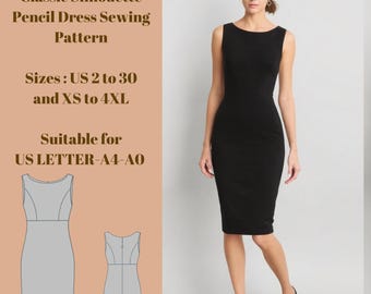 May include: A black pencil dress sewing pattern for sizes US 2 to 30 and XS to 4XL. The pattern is suitable for US Letter, A4, and A0 paper sizes. The image shows a woman wearing a black dress and two illustrations of the dress pattern.