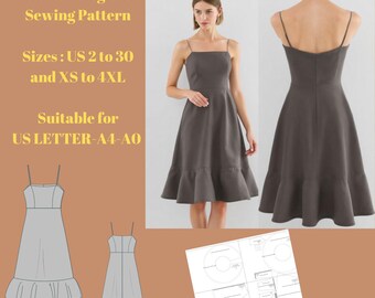 Ruffle Dress Sewing Pattern,Sizes ;US 2 to 30 and XS to 4XL,Suitable A0- A4- US Letter