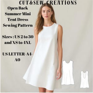 May include: A white open-back summer mini tent dress sewing pattern. The pattern includes sizes US 2 to 30 and XS to 4XL. The text "CUT&SEW CREATIONS" is at the top of the image.