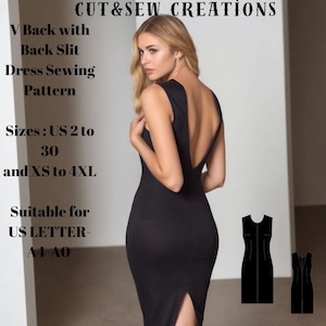 V Back with Back Slit Dress Sewing Pattern,Sizes ;US 2 to 30 and XS to 4XL,Suitable A0- A4-US Letter