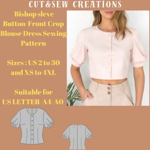 Patrón de costura de blusa corta con botones en la parte delantera y mangas de obispo, tallas: EE. UU. 2 a 30 y XS a 4XL, adecuada para tallas A0, A4 y Carta de EE. UU.