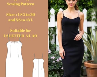 Patrón de costura para vestido de invitada de boda, tallas: EE. UU. 2 a 30 y XS a 4XL, adecuado para tallas A0, A4 y carta de EE. UU.
