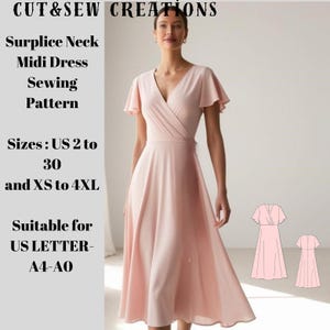 Padrão de costura para vestido midi com decote sobrepeliz, tamanhos; EUA 2 a 30 e XS a 4XL, adequado para A0- A4-US Letter