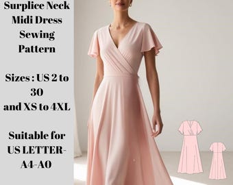 Surplice Neck Midi Dress Sewing Pattern,Sizes ;US 2 to 30 and XS to 4XL,Suitable A0- A4-US Letter