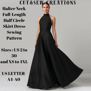 Może przedstawiać: Czarny wykroj na sukienkę z halterem, o pełnej długości i półkolistej spódnicy. Wzór zawiera rozmiary US 2 do 30 i XS do 4XL, oraz US letter A4-A0. Sukienka jest pokazana w pełnej długości.