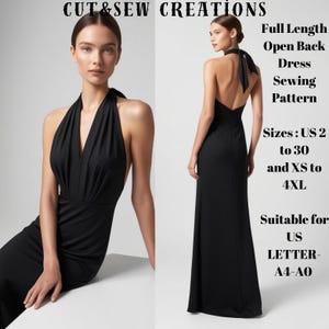 May include: A black full-length open-back dress sewing pattern. The pattern is available in US sizes 2 to 30 and XS to 4XL. The pattern is suitable for US letter and A4-A0 paper sizes. The image also shows a woman wearing the dress.