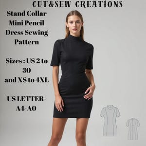 Stand Collar Mini Pencil Dress-Available in US Sizes 2-30 (XS-4XL), compatible with A0/A4/US Letter paper formats.