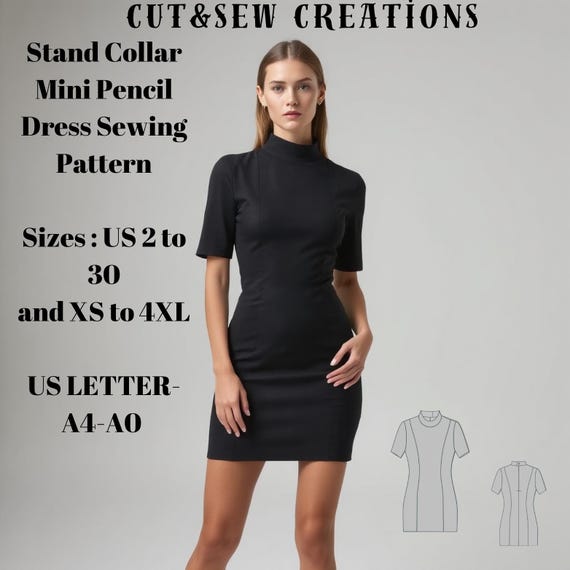 Stand Collar Mini Pencil Dress-Available in US Sizes 2-30 (XS-4XL), compatible with A0/A4/US Letter paper formats