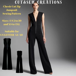 Könnte beinhalten: Ein schwarzer ärmelloser Jumpsuit mit tiefem V-Ausschnitt und einem Reißverschluss vorne. Der Jumpsuit hat weite Beine und wird an einem Model gezeigt. Der Text "Classic Cut Zip Jumpsuit Sewing Pattern" befindet sich oben im Bild. Der Text "Sizes: US 2 to 30 and XS to 4XL" befindet sich unter dem Bild des Jumpsuits. Der Text "Suitable for US LETTER-A4-AO" befindet sich unter den Größeninformationen.