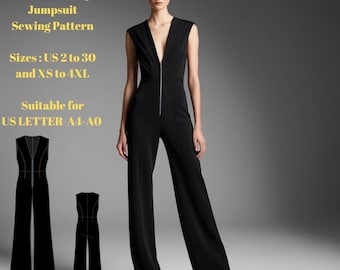 May include: A black sleeveless jumpsuit with a deep V-neck and a front zip. The jumpsuit has wide legs and is shown on a model. The text "Classic Cut Zip Jumpsuit Sewing Pattern" is at the top of the image. The text "Sizes: US 2 to 30 and XS to 4XL" is below the image of the jumpsuit. The text "Suitable for US LETTER-A4-AO" is below the size information.