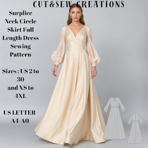 Könnte beinhalten: Ein Schnittmuster für ein langes Kleid mit Rundhalsausschnitt und vollem Rock. Das Schnittmuster umfasst die Größen US 2 bis 30 und XS bis 4XL. Das Schnittmuster ist in den Größen A4 und A0 erhältlich.