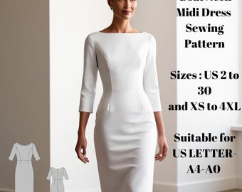 Boat Neck Midi Dress with Sleeve, Sewing Pattern,Sizes ;US 2 to 30 and XS to 4XL,Suitable A0- A4-US Letter