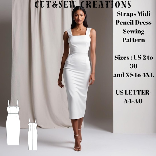 Straps Midi Pencil Dress Sewing Pattern – Available in US Sizes 2-30 (XS-4XL), compatible with A0/A4/US Letter paper formats.