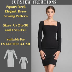 Patrón de costura para vestido elegante y chic con escote cuadrado, tallas: EE. UU. 2 a 30 y XS a 4XL, adecuado para tallas A0, A4 y Carta de EE. UU.