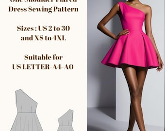 Patrón de costura para vestido acampanado de un solo hombro, tallas: EE. UU. 2 a 30 y XS a 4XL, adecuado para tallas A0, A4 y Carta de EE. UU.