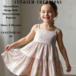 Patrón de costura de vestido infantil con tirantes y falda escalonada, tallas: 2 a 16 años, adecuado para tallas A0, A4 y carta de EE. UU.