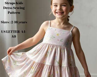 Tiered Skirt Straps Kids Dress Sewing Pattern,Sizes ; 2-16 years, Suitable A0- A4-US Letter