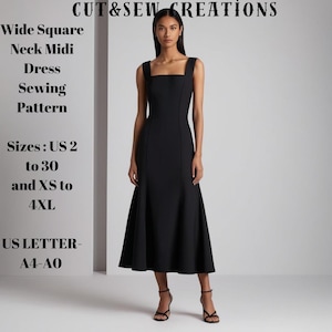 Modello di cucito per abito midi con scollo quadrato largo – Disponibile nelle taglie USA dalla 2 alla 30 (XS-4XL), compatibile con i formati di carta A0/A4/US Letter.