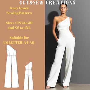 Patrón de costura de mono formal elegante para mujer, tallas: EE. UU. 2 a 30 y XS a 4XL, adecuado para tallas A0, A4 y carta de EE. UU.