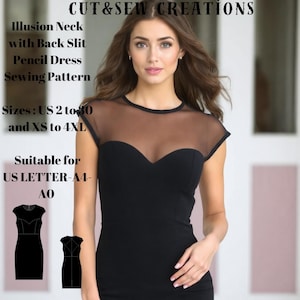 Illusion Neck Pencil Dress Sewing Pattern,Sizes ;US 2 to 30 and XS to 4XL,Suitable A0- A4- US Letter