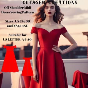 Off Shoulder Midi Dress Sewing Pattern, Sizes ;US 2 to 30 and XS to 4XL,Suitable A0- A4- US Letter