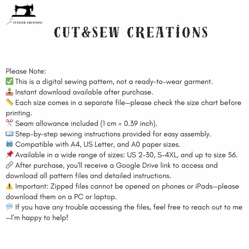 Puede incluir: Fondo blanco con el texto "CUT&SEW CREATIONS" y un logotipo de m&aacute;quina de coser. El texto detalla que se trata de un patr&oacute;n de costura digital, disponible para descarga instant&aacute;nea, con instrucciones paso a paso y una amplia gama de tallas.