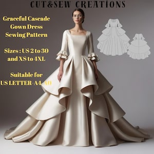Graceful Cascade Gown Sewing Pattern,Sizes ;US 2 to 30 and XS to 4XL,Suitable A0- A4-US Letter