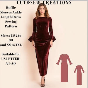 Ruffle Sleeves Ankle Length Dress Sewing Pattern,Sizes ;US 2 to 30 and XS to 4XL,Suitable A0- A4-US Letter