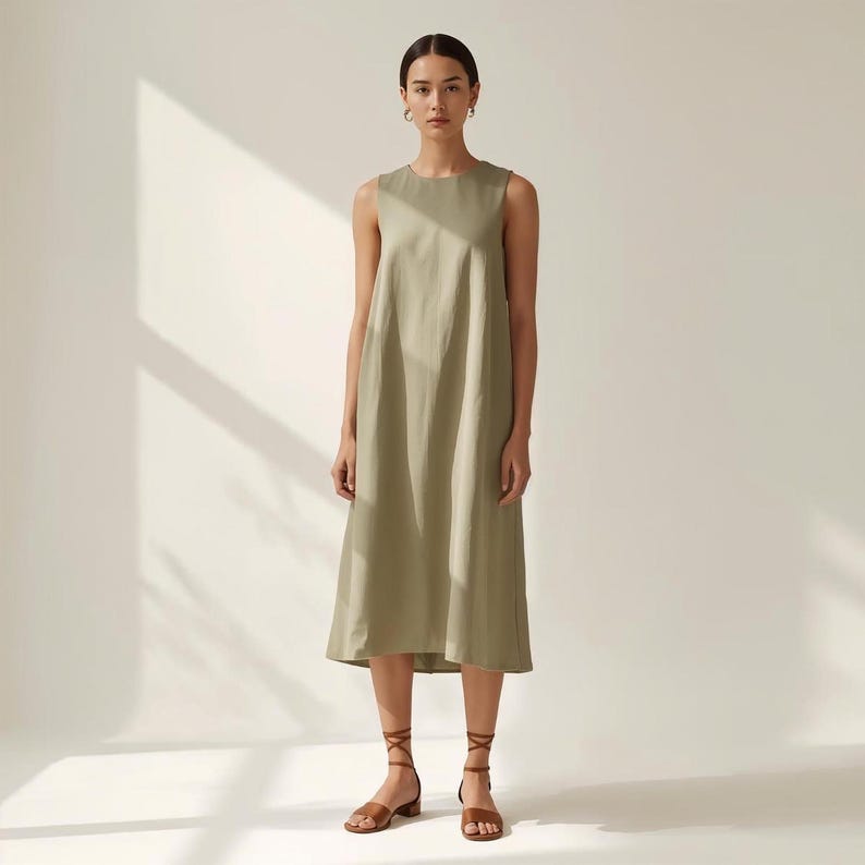 Puede incluir: Vestido midi verde oliva sin mangas con cuello redondo. El vestido se combina con sandalias de cuero marr&oacute;n. La modelo est&aacute; de pie frente a una pared blanca con sombras.