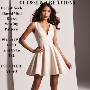 May include: A white sleeveless dress with a deep V-neck and a flared skirt. The dress is modelled by a woman. The text "CUT&SEW CREATIONS" is at the top of the image. The text "Deep V Neck Flared Mini Dress Sewing Pattern" is on the left side of the image. The text "Sizes: US 2 to 30 and XS to 4XL" is also on the left side of the image. The text "US LETTER- A4-A0" is at the bottom of the image.
