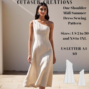 Patrón de costura para vestido de verano midi con un solo hombro: disponible en tallas estadounidenses 2 a 30 (XS a 4XL), compatible con formatos de papel A0/A4/Carta estadounidense.