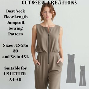 May include: A sewing pattern for a floor-length jumpsuit with a boat neck. The pattern is suitable for US Letter size paper, A4-A0. The pattern includes sizes US 2 to 30 and XS to 4XL.