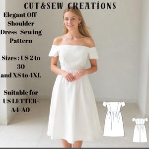 Elegant Off-Shoulder Dress Sewing Pattern,Sizes ;US 2 to 30 and XS to 4XL,Suitable A0- A4- US Letter